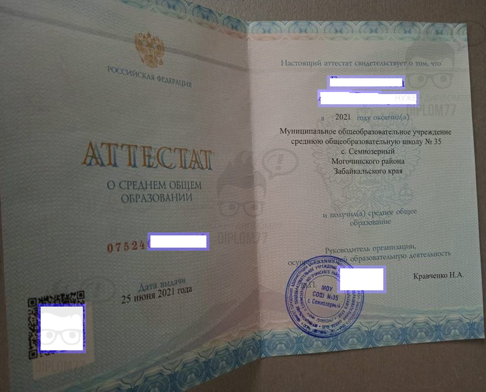Аттестат МОУ СОШ №35 с. Семиозёрный Забайкальского края 2023 года выдачи (11 классов)