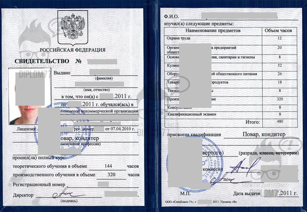 Свидетельство об окончании курсов повара-кондитера